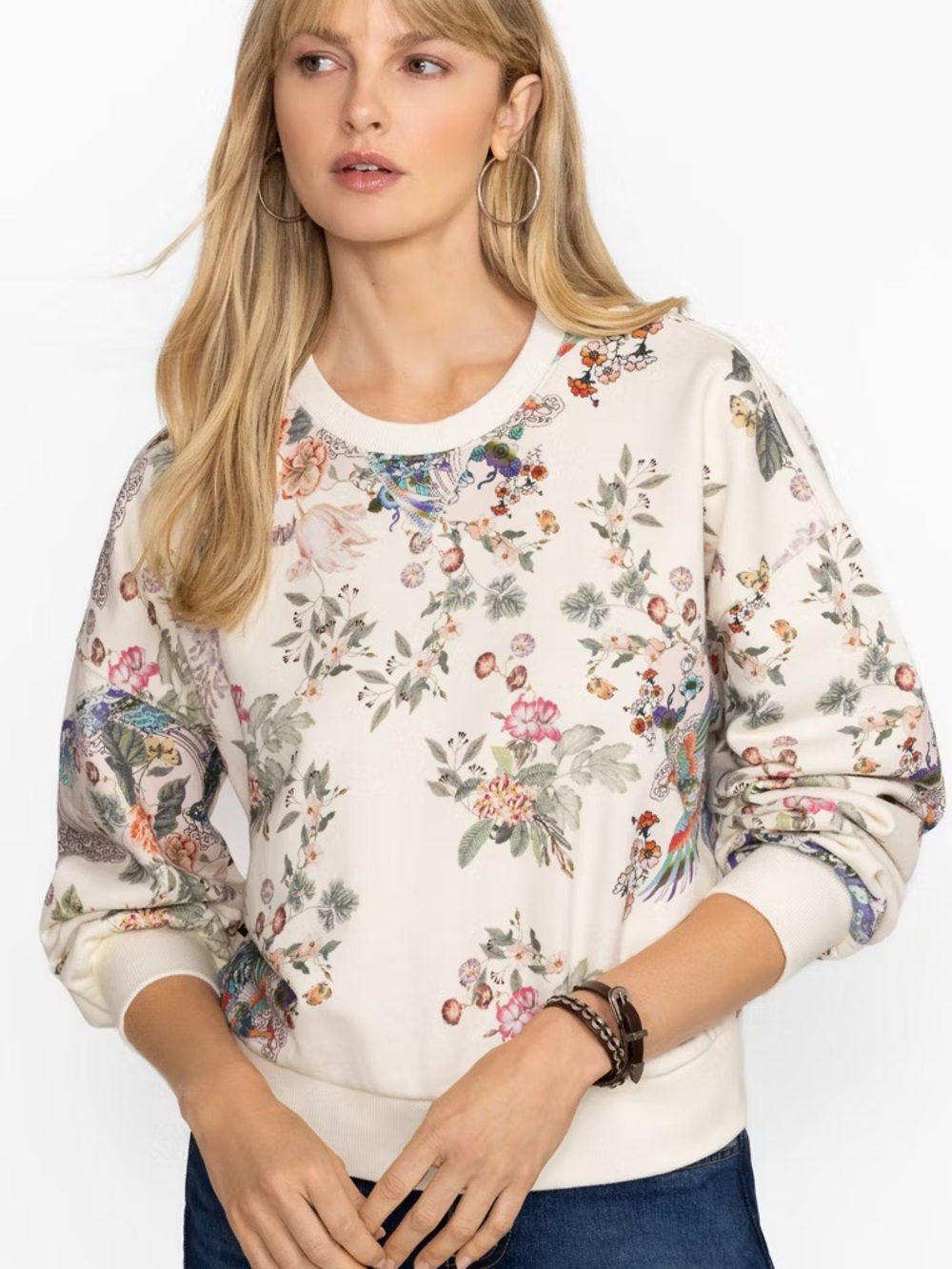 Johnny Was Dreamer Floral Bird Crewneck Sweatshirt Cream Women’s XS